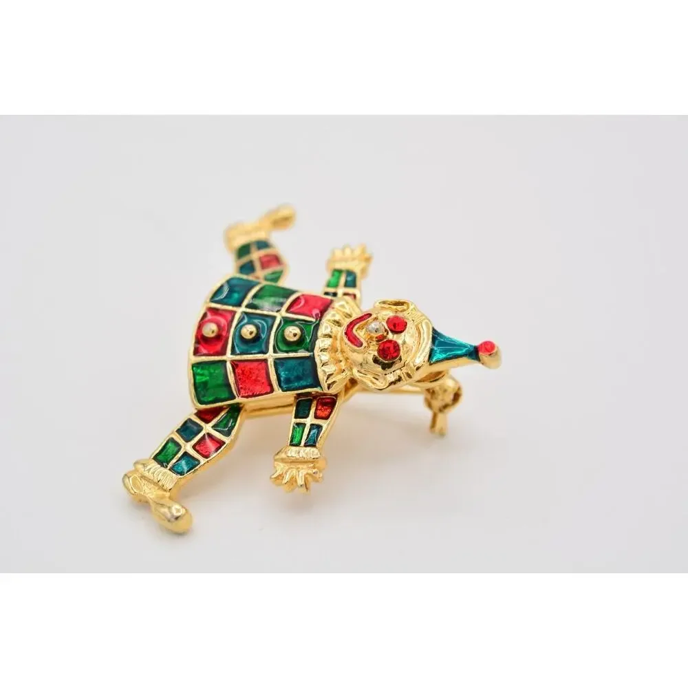 Vintage Clown Pin Brooch Red Green Enamel Dangle Arms Legs Gold Tone 1990s BinAT